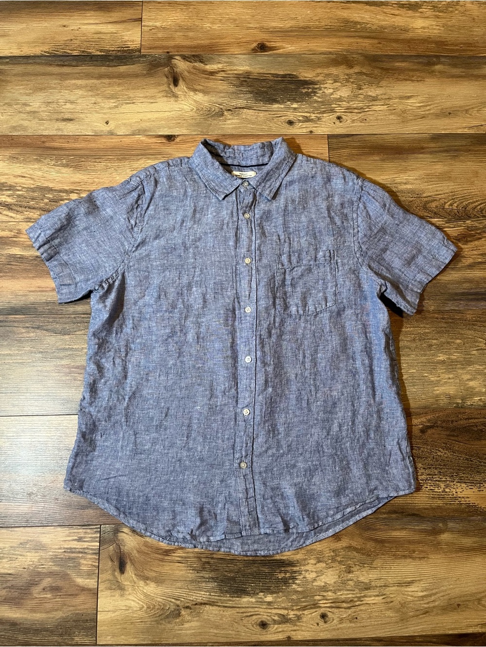 Thom Aaron Mens XL 100% Linen Button Front Shirt Blue Short Sleeve Flax Pocket